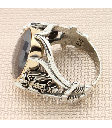 Yanları Kılıçlı Taşlı Çift Başlı Kartal Erkek Yüzük