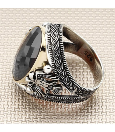 Yanları Örgü Model Çift Başlı Kartal Taşlı Erkek Yüzük