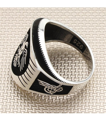 Çift Başlı Kartal Yanları Devlet Armalı Taşsız Gümüş Erkek Yüzük