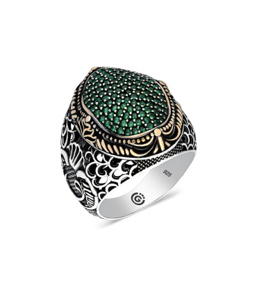 Yan Vav Motifli Mikro Taşlı Gümüş Erkek Yüzük Taş Seçenekli