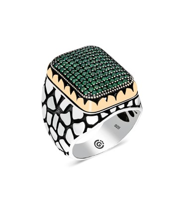 Taş Desenli Sade Motifli Mikro Taşlı Gümüş Erkek Yüzük