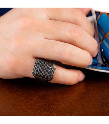 Antik Vintage Nostajik Desenli Taşlı Gümüş Erkek Yüzük