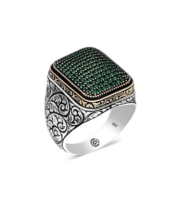 Antik Vintage Nostajik Desenli Taşlı Gümüş Erkek Yüzük