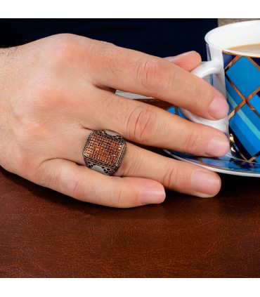 Erkek Gümüş Mikro Küçük Taşlı Osmanlı Desenli Yüzük - 925 Ayar