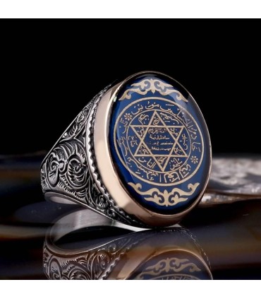 Erkek Gümüş Yüzük – Hz. Süleyman Mührü Desenli Mavi Renkli