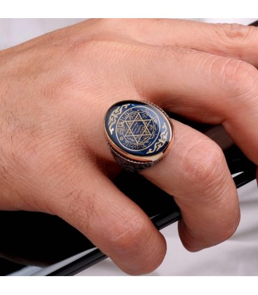 Erkek Gümüş Yüzük – Hz. Süleyman Mührü Desenli Mavi Renkli