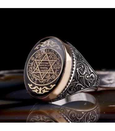 Erkek Gümüş Yüzük – Hz. Süleyman Mührü Desenli Siyah Renkli