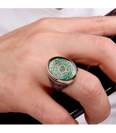 Hz. Süleyman Mührü Desenli Erkek Gümüş Yüzük –  Yeşil Renkli
