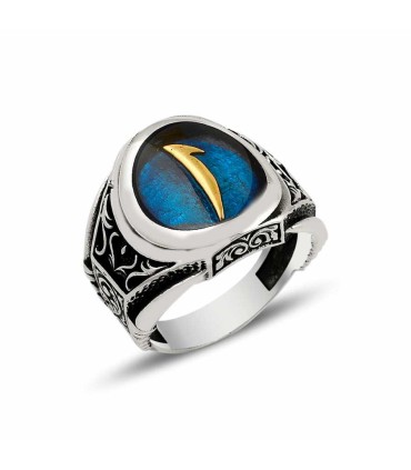 Erkek Gümüş Elif Harfi Yüzük - Mavi Mine Detaylı, Özel Tasarım
