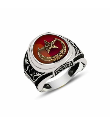 Motifli Ayyıldız Kırmızı Mineli Gümüş Erkek Yüzük – Vatan ve Gurur Sembolü
