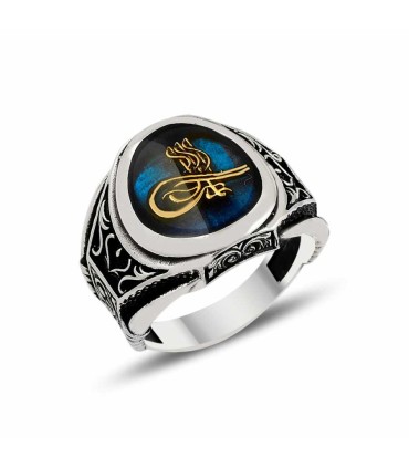 Tuğra Simgeli Mavi Mineli Erkek Gümüş Yüzük