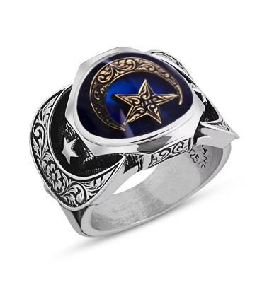 925 Ayar Gümüş Mavi Mineli Ay Yıldız Erkek Yüzük