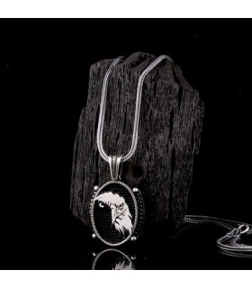 Mina Silver oval siyah zirkon taşlı kartal yüzü gümüş kolye