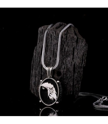 Mina Silver oval siyah zirkon taşlı kartal yüzü gümüş kolye