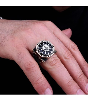 Sekizgen Kalkan Model Osmanlı Tuğrası Gümüş Erkek Yüzük – Mina Silver