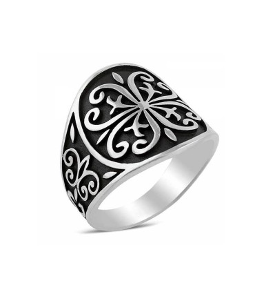 Türk Motifli 925 Ayar Gümüş Erkek Taşsız Yüzük Mina Silver