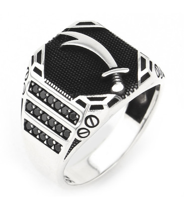 Hz. Ali Zülfikar Kılıç Yanları Siyah Taşlı Gümüş Erkek Yüzük