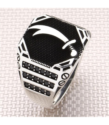 Hz. Ali Zülfikar Kılıç Yanları Siyah Taşlı Gümüş Erkek Yüzük