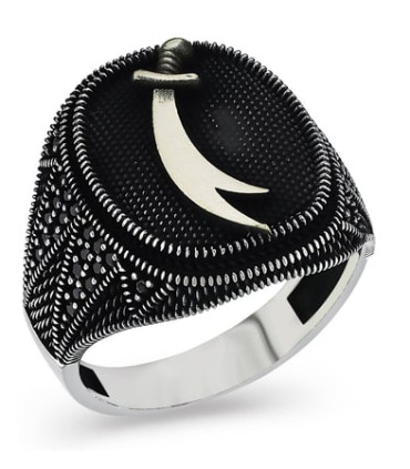 Hz. Ali  Zülfikar Kılıç Simgeli  Siyah Taşlı Gümüş Erkek Yüzük AS21