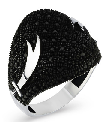 Yan Tarafları Hz. Ali  Zülfikar Kılıç Simgeli Ortası  Siyah Taşlı Gümüş Erkek Yüzük AS21