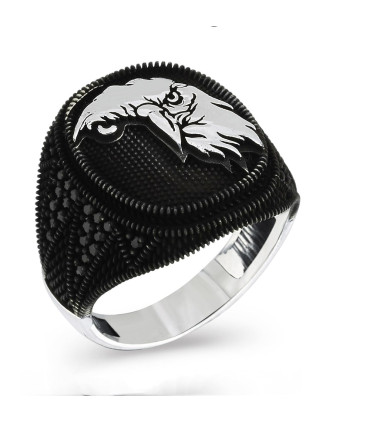 Yanları Siyah Taşlı Dik Bakışlı Kartal Gümüş Erkek Yüzük