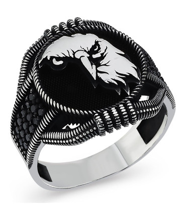 Siyah Taşlı Dik Bakışlı Kartal 925 Ayar Gümüş Erkek Yüzük