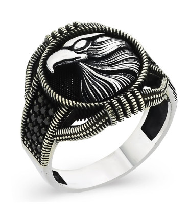 Siyah Taşlı Yan Bakışlı Kartal 925 Ayar Gümüş Erkek Yüzük