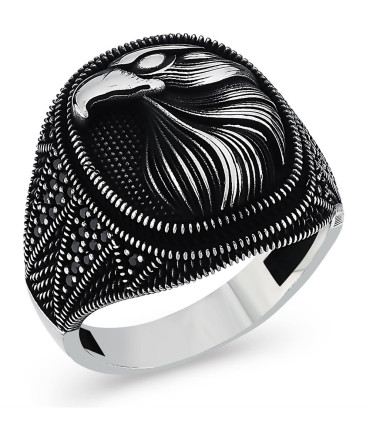 Yan Bakışlı Siyah Taşlı  Kartal 925 Ayar Gümüş Erkek Yüzük