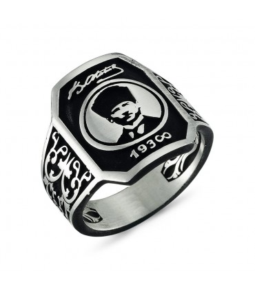 Atatatürk Karakalpak Şapkalı Resimli İmzalı 9235 Ayar Gümüş Taşsız Erkek Yüzük