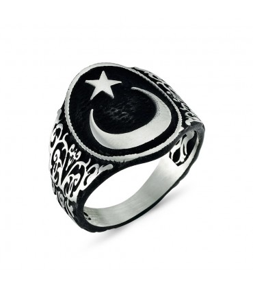 AY Yıldız Simgeli Yanları Desenli Sade  925 Ayar Gümüş Taşsız Erkek Yüzük