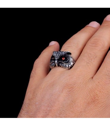 Baykuş Kırmızı ve Siyah Taşlı Gümüş Erkek Yüzük