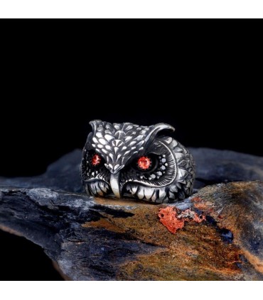 Baykuş Kırmızı ve Siyah Taşlı Gümüş Erkek Yüzük