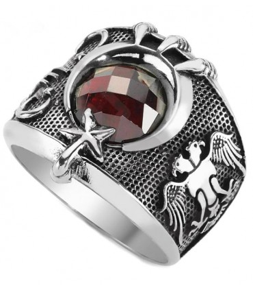 Ay Yıldız Ortası Kırmızı Taşlı Yanları Tuğra ve Çift Başlı Kartal Gümüş Erkek Yüzük