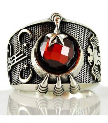Ay Yıldız Ortası Kırmızı Taşlı Yanları Tuğra ve Çift Başlı Kartal Gümüş Erkek Yüzük