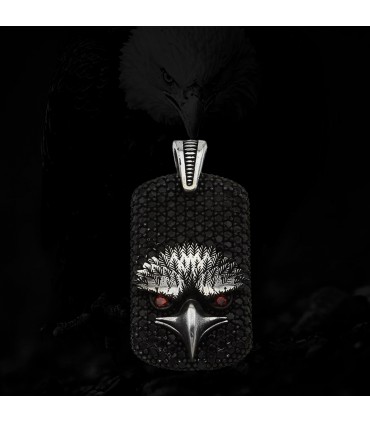 Kartal Figürlü Siyah ve Kırmızı Taşlı Gümüş Erkek  Kolye