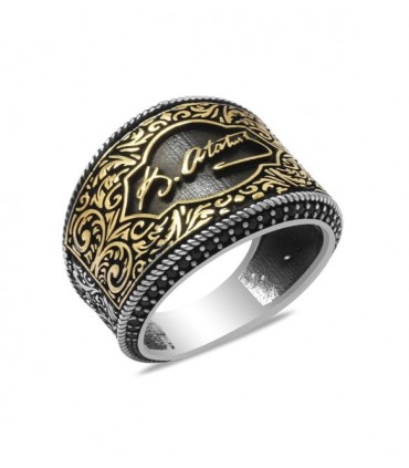 Atatürk İmzalı Kenar Taşlı Gümüş Erkek Yüzük