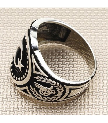 Ay Yıldız Yan Buğday Desenli Tuğralı Taşsız Gümüş Erkek Yüzük