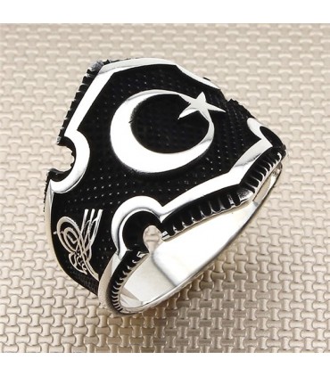 Cengaver Ay Yıldız Yan Tuğralı Taşsız Gümüş Erkek Yüzük AHG11