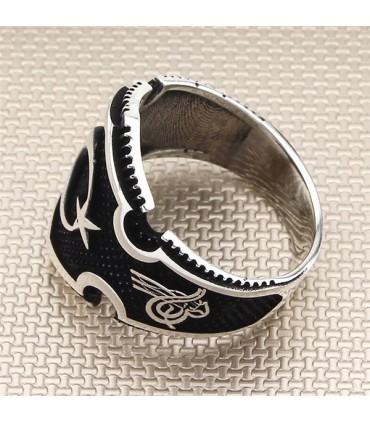 Cengaver Ay Yıldız Yan Tuğralı Taşsız Gümüş Erkek Yüzük AHG11