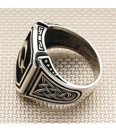 Kare Köşeli Ay Yıldız Taşsız Gümüş Erkek Yüzük AHG12