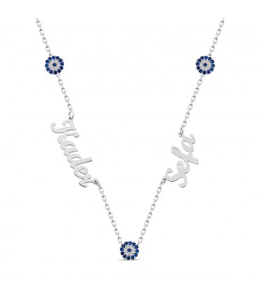 T Kişiye Özel İsimli 925 Ayar Nazar Taşlı Bayan Gümüş Kolye