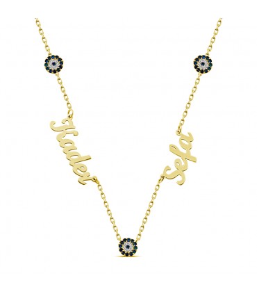 Kişiye Özel İki İsimli Nazar Taşlı Bayan Aile Gümüş Kolye