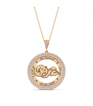 Yeni Doğum Hediye Erkek Bebek 925 Ayar Yuvarlak Taşlı Gümüş Kolye