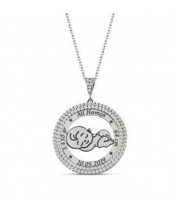 Yeni Doğum Hediye Erkek Bebek 925 Ayar Yuvarlak Taşlı Gümüş Kolye