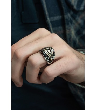 Ay Yıldız Simgeli İki Parçalı Mikro Taşlı Gümüş Erkek Yüzük AHG17