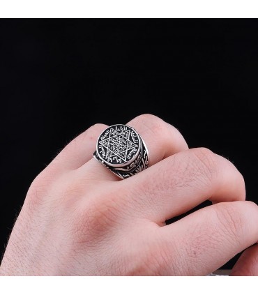Mührü Süleyman İşlemeli 925 Ayar Gümüş Taşsız Erkek Yüzük