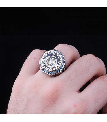 Ayetel Kürsi İşlemeli Turkuaz Taşlı 925 Ayar Erkek Gümüş Yüzük