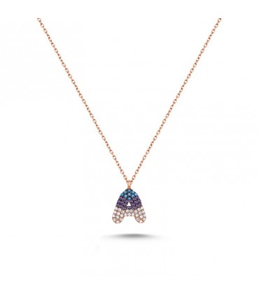 A Harfi Renkli Taşlı Gümüş Kolye 925 Ayar