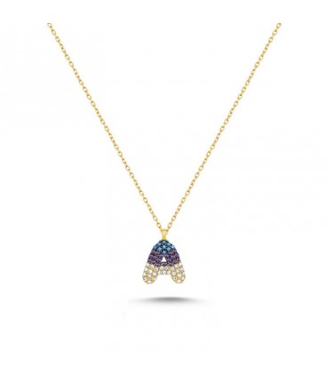 A Harfi Renkli Taşlı Gümüş Kolye 925 Ayar