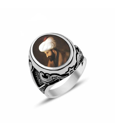 Fatih Sultan Mehmet Han Resimli 925 Ayar Gümüş Erkek Yüzük